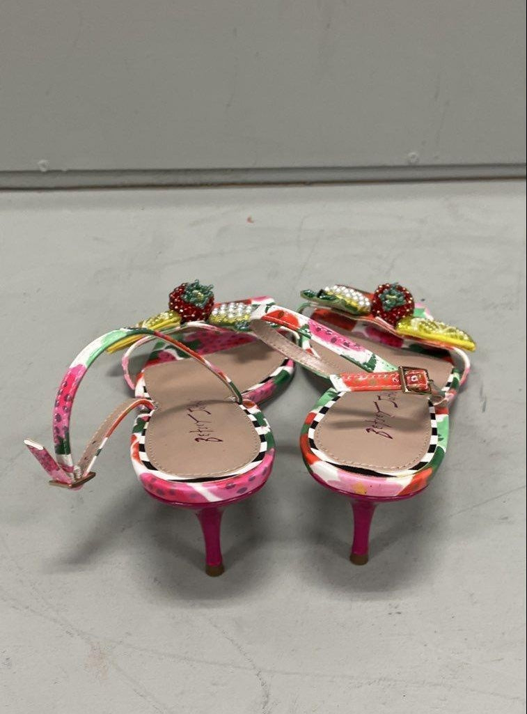 Colorful fruit print kitten heel dress sandals with slim ankle straps and pink heels, view 4