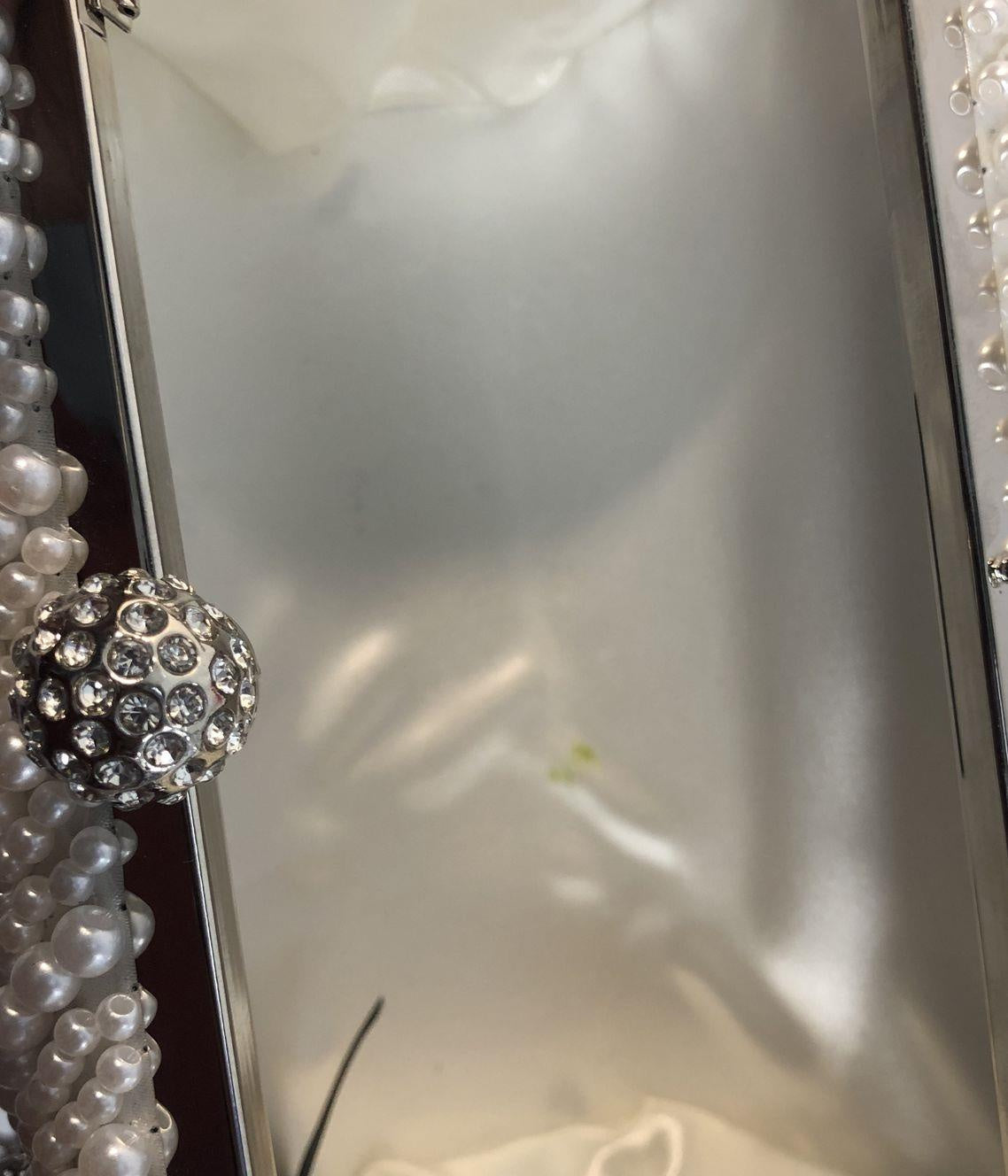 White beaded evening clutch with mixed pearl-style beads, decorative clasp and silver-tone chain, view 4