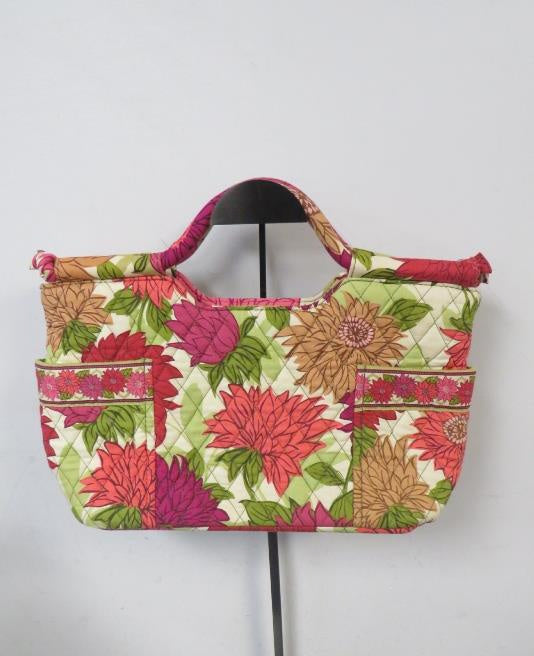 Pink, red and green floral quilted fabric tote with short top handles, view 4