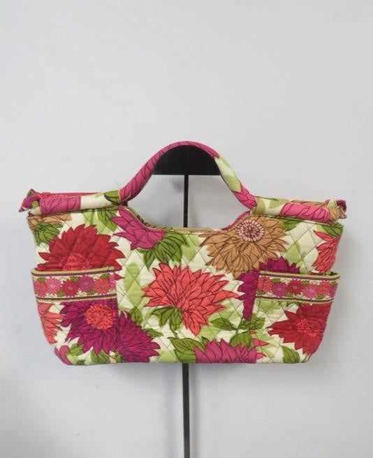 Pink, red and green floral quilted fabric tote with short top handles, view 5