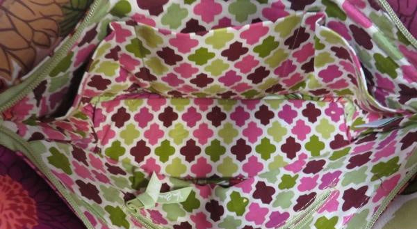Pink, red and green floral quilted fabric tote with short top handles, view 2