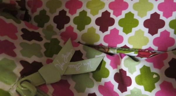 Pink, red and green floral quilted fabric tote with short top handles, view 3