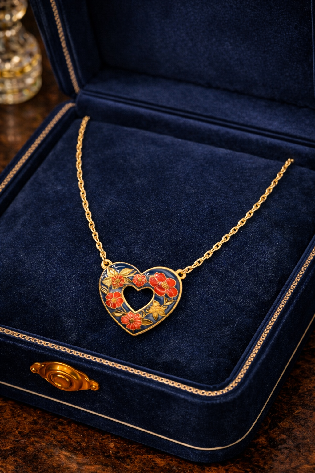 Gold Tone Cloisonné Style Floral Heart Pendant Necklace with Enamel Detail and Open Cutout Center