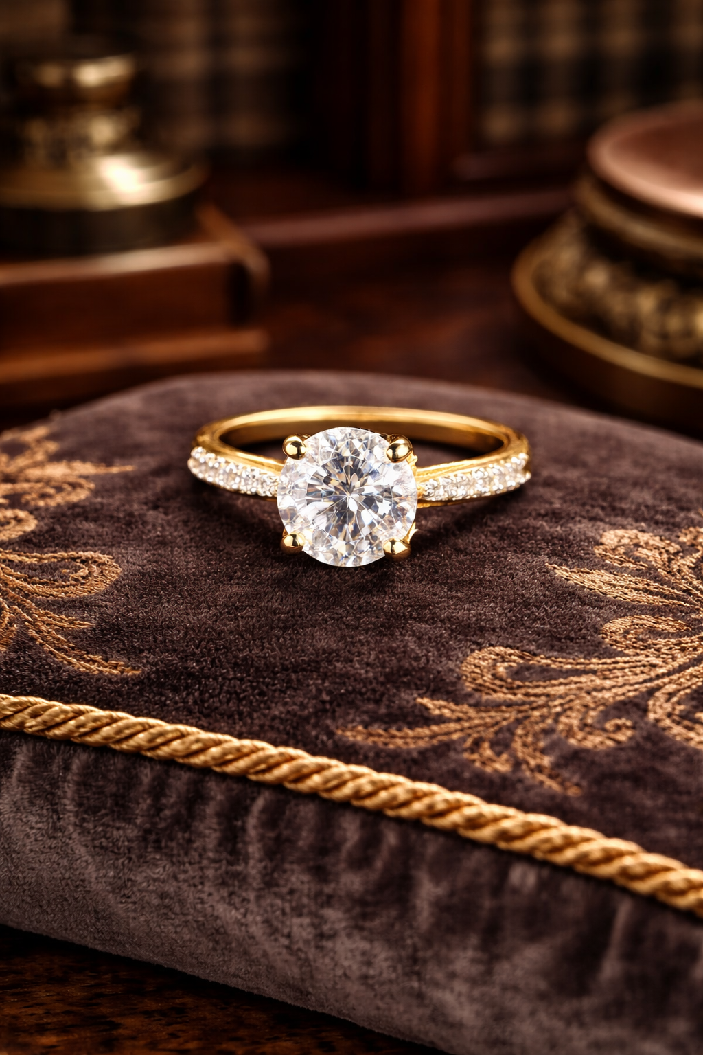 Gold-tone solitaire ring with large round clear crystal and crystal-lined shoulders