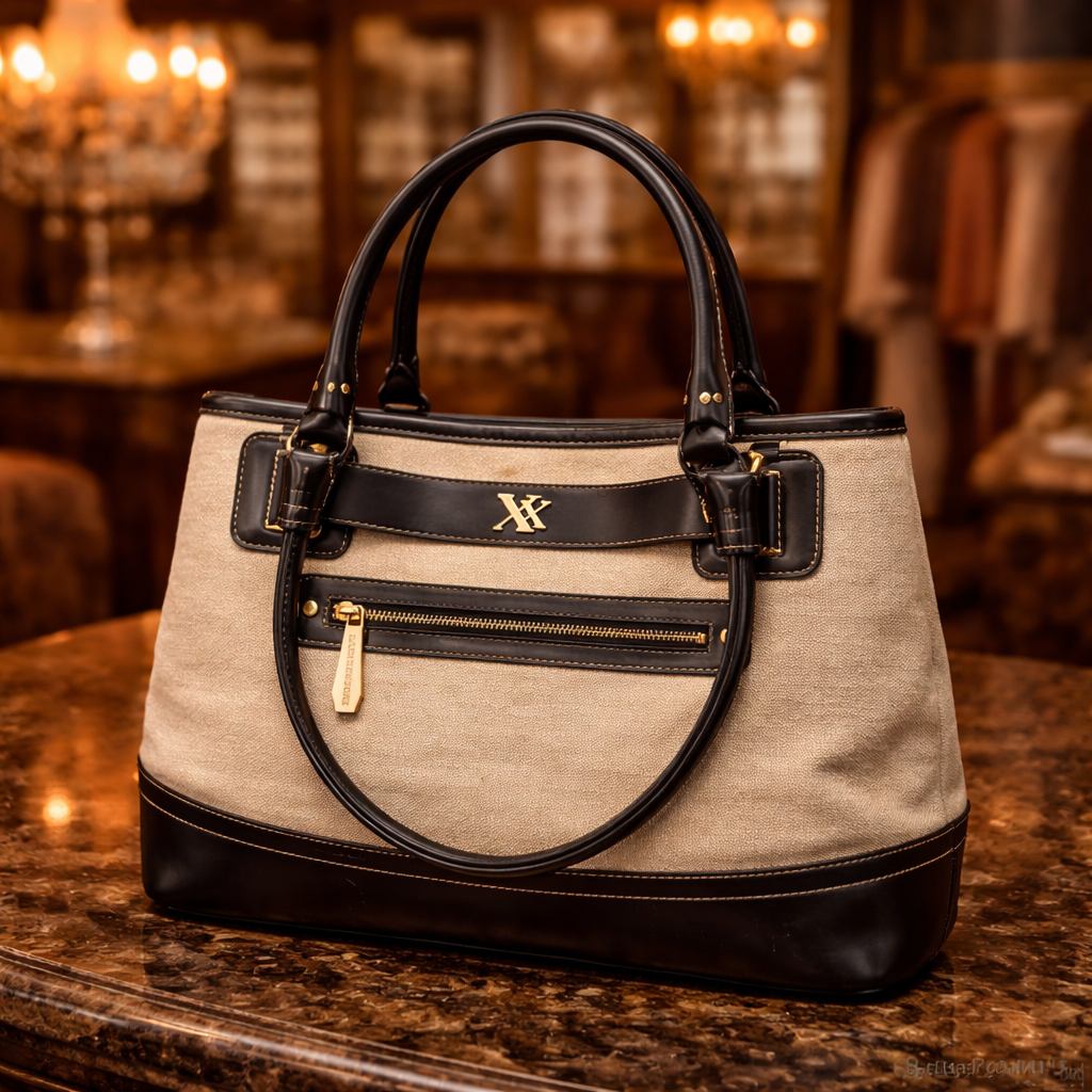 Maxx New York neutral woven canvas satchel tote with black patent trim