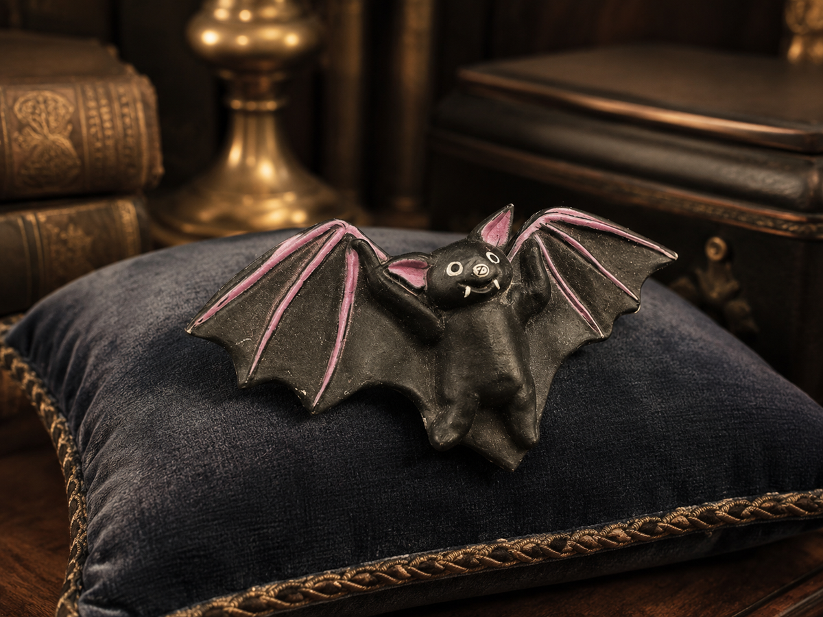 Fun World black bat Halloween brooch with pink wing and ear accents, view 5