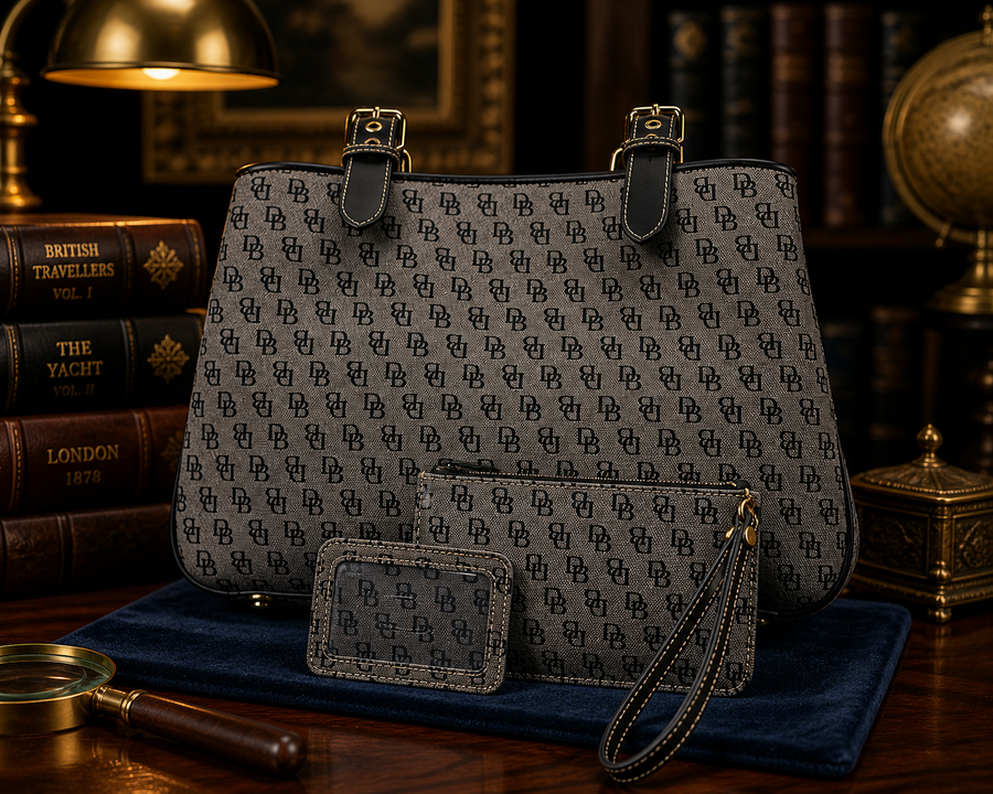 Gray canvas satchel with navy DB monogram and black leather trim, with matching wristlet and card case