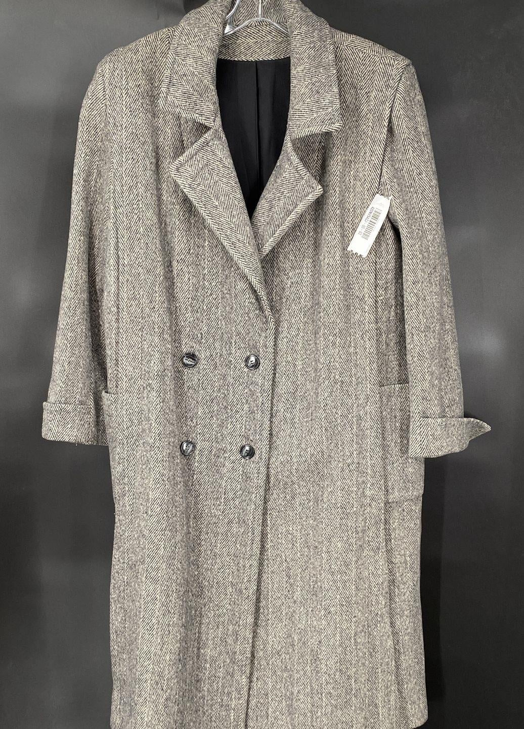 Noble Fashions men's long black and ivory herringbone overcoat with notched lapels, view 3