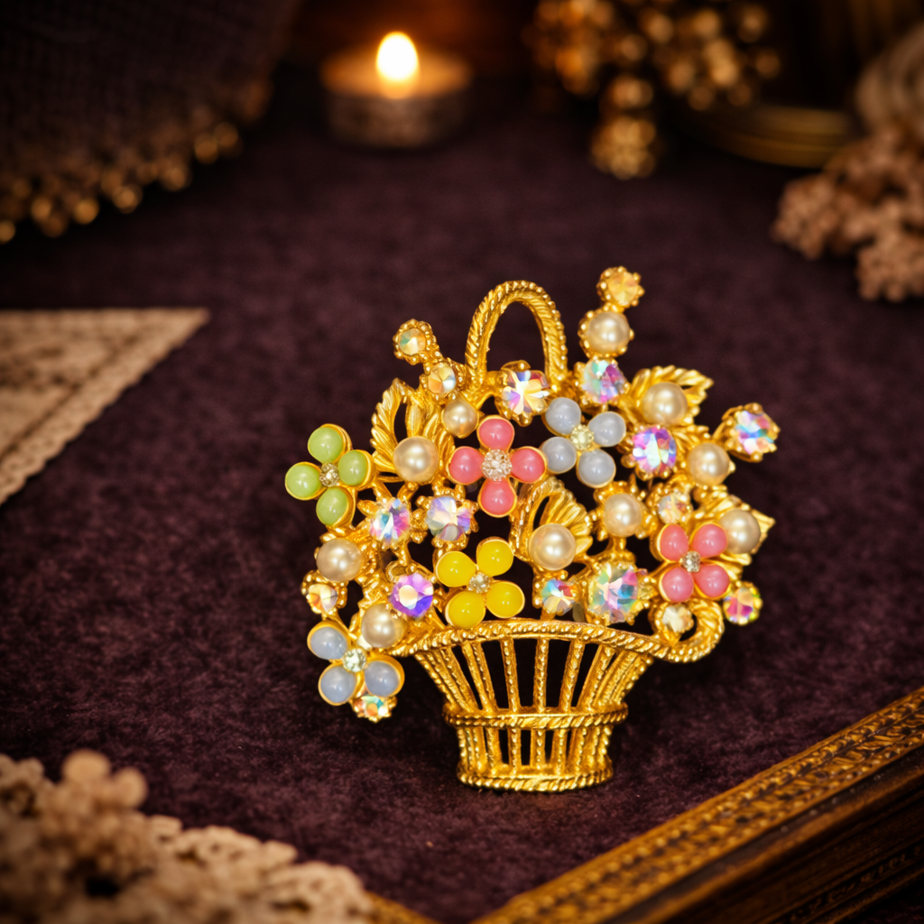Signed ART gold-tone flower basket brooch with pastel beads and rhinestones