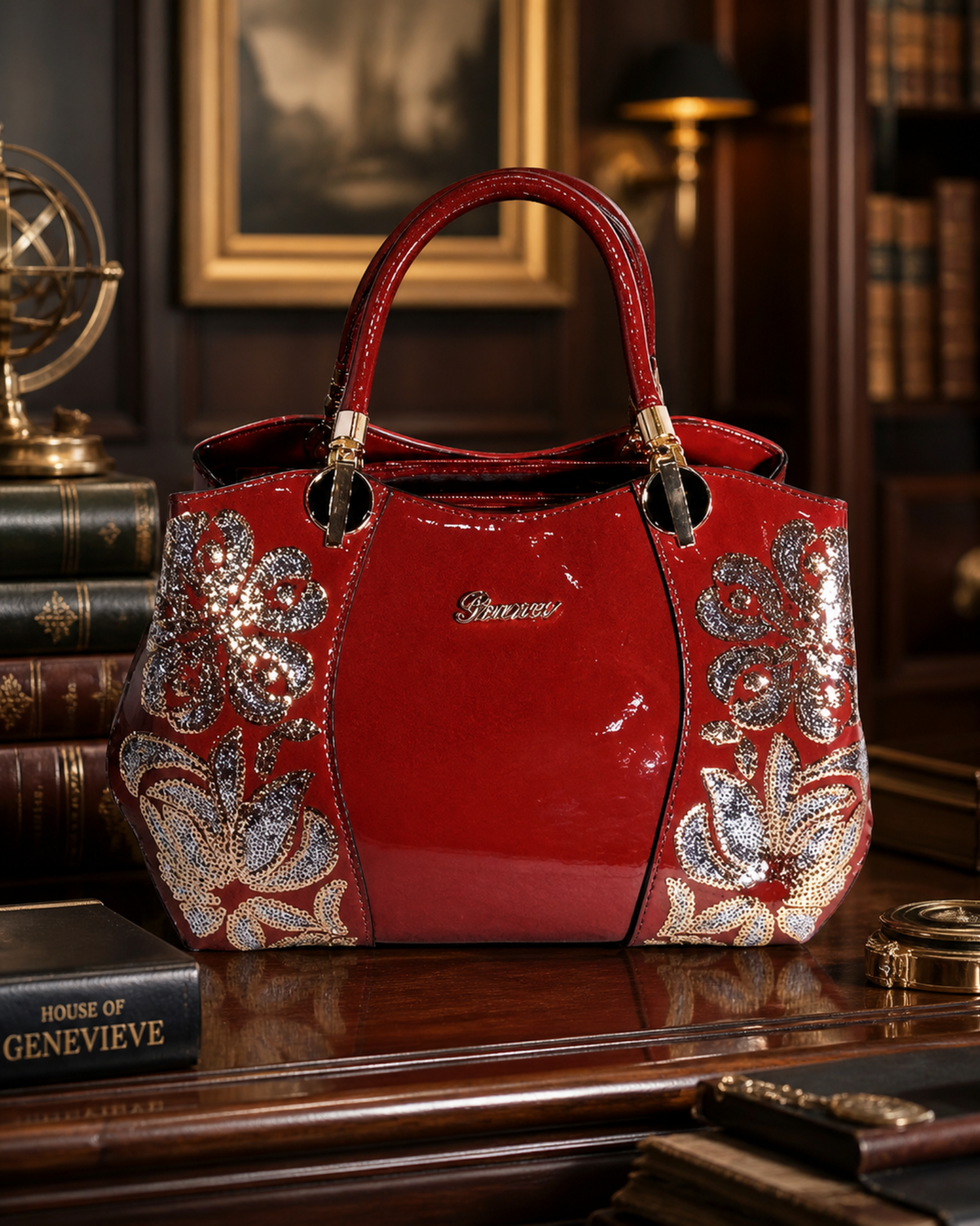 Pianne red patent shoulder bag with floral embellished side panels