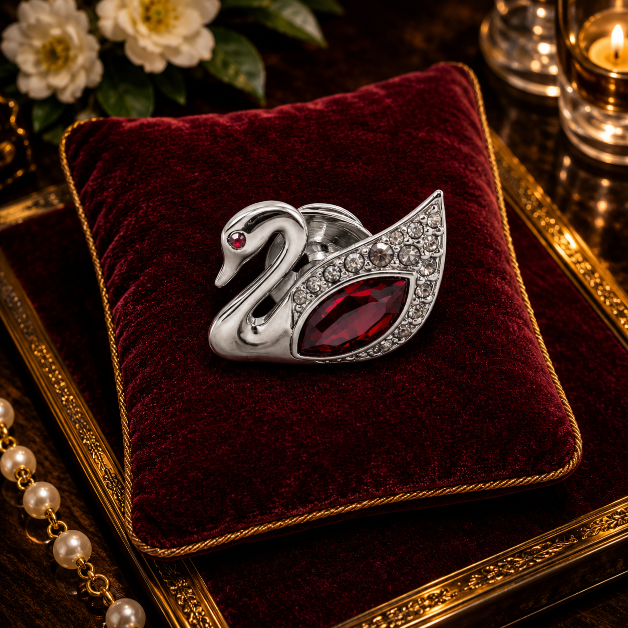 Swarovski silver tone swan tie tack with red and clear crystals