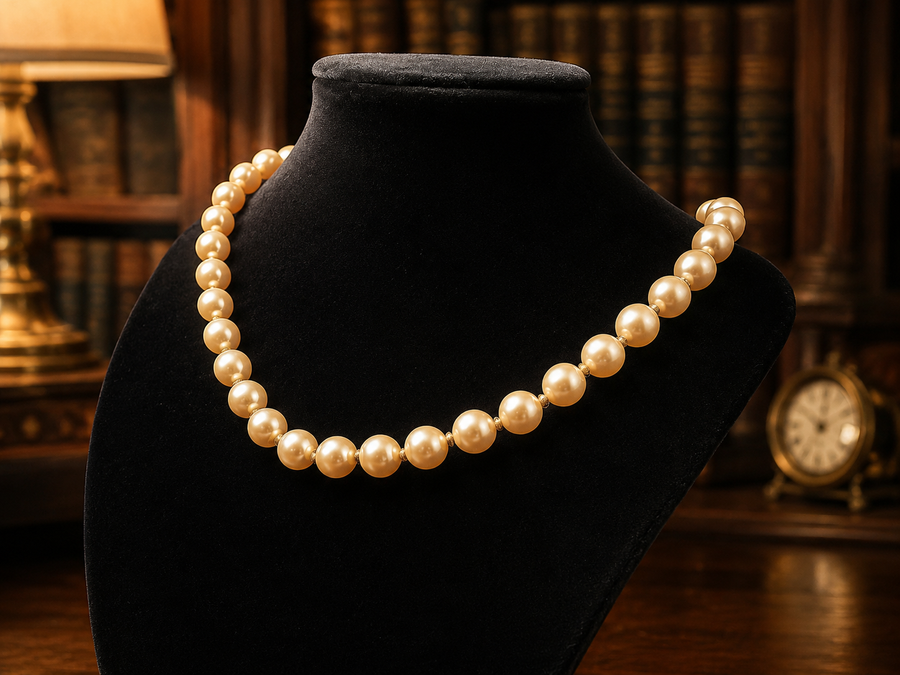 Single strand cream faux pearl necklace with gold-tone filigree clasp