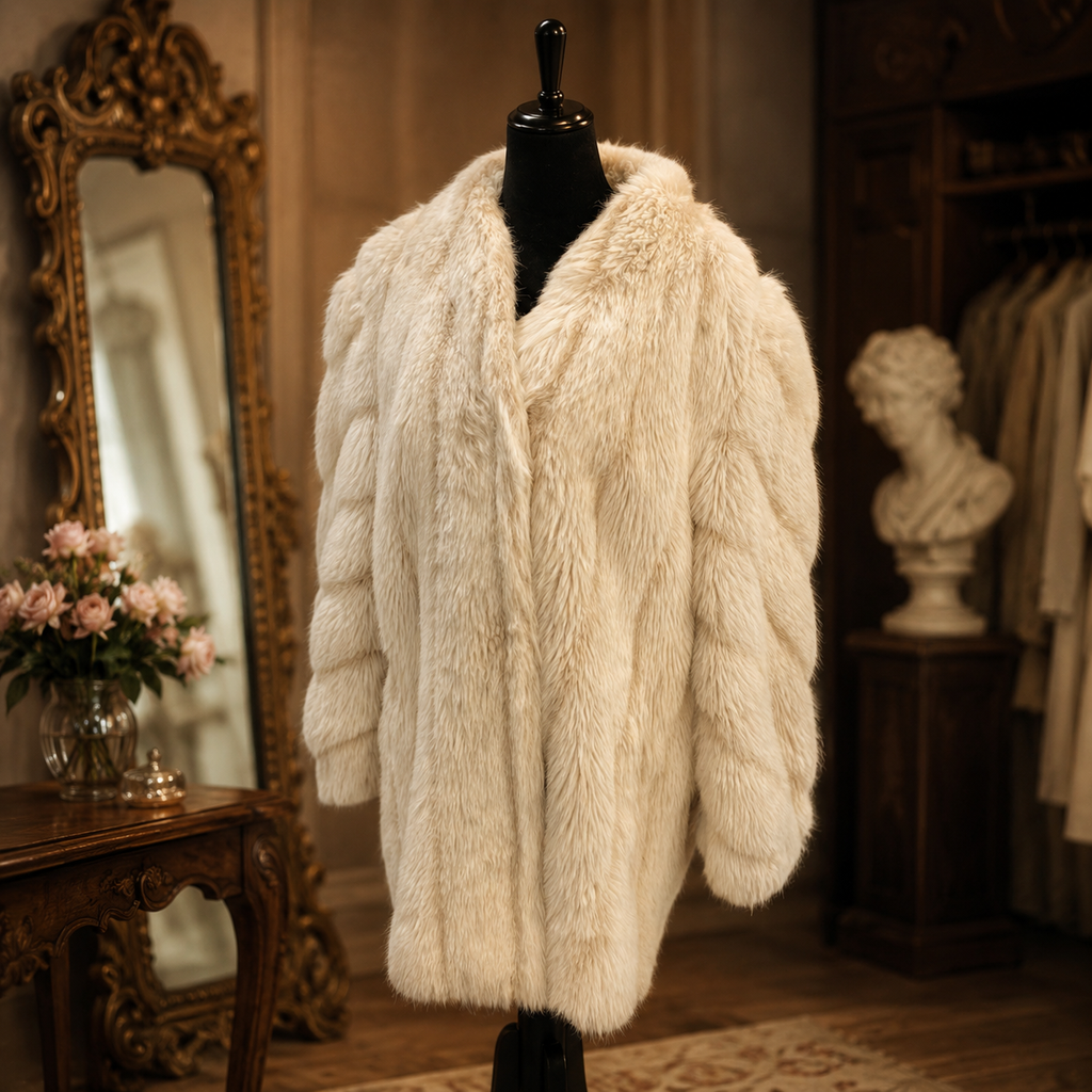 Mirage Outerwear Off-White Faux Fur Coat | Hook & Eye Evening Coat