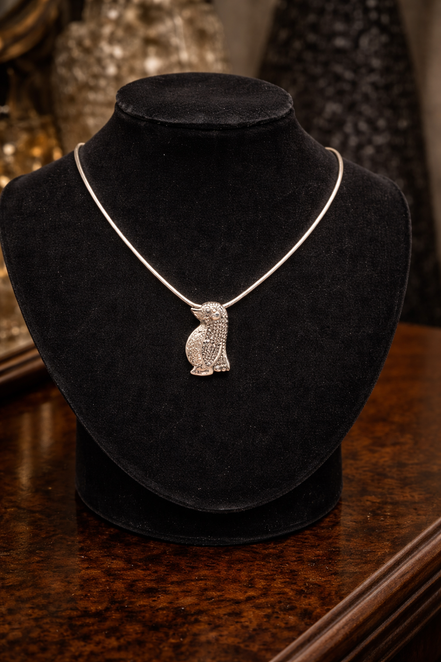Sterling Silver Penguin Pendant Necklace 925 Marcasite Style Animal Necklace