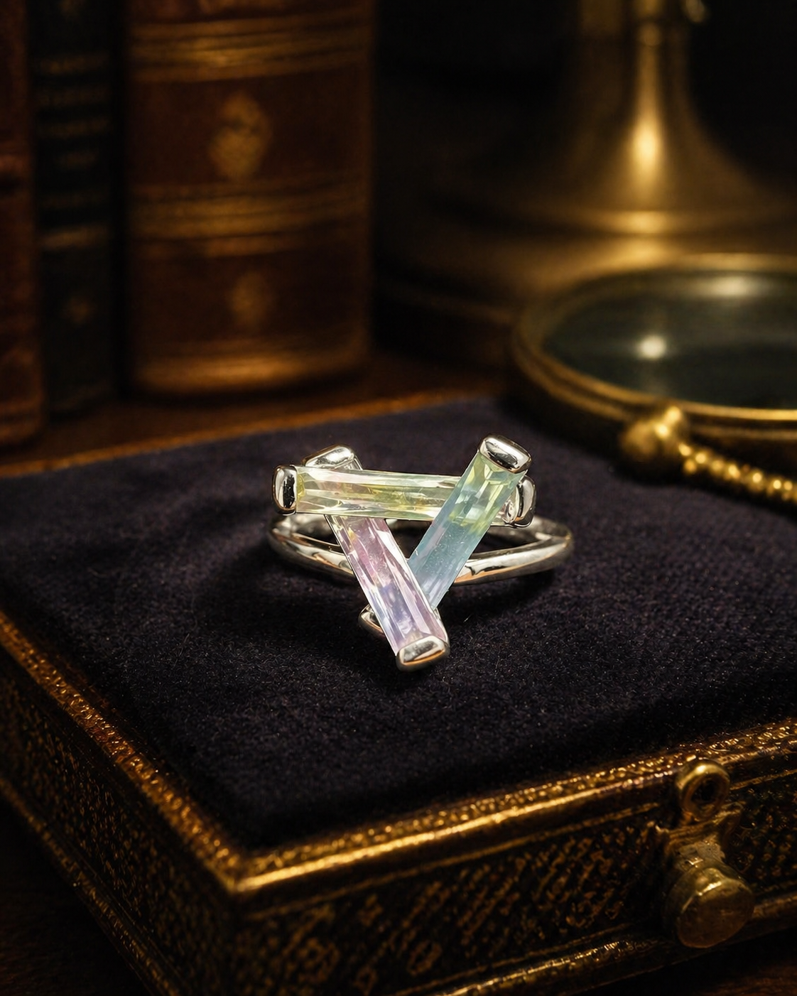 (SOLD) Silver Tone Pastel Baguette Crystal Ring