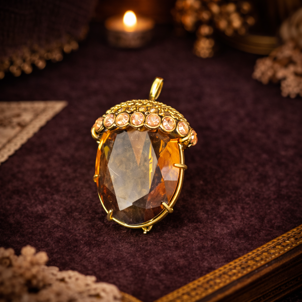 Signed gold-tone acorn brooch with faceted amber-toned body and rhinestone cap
