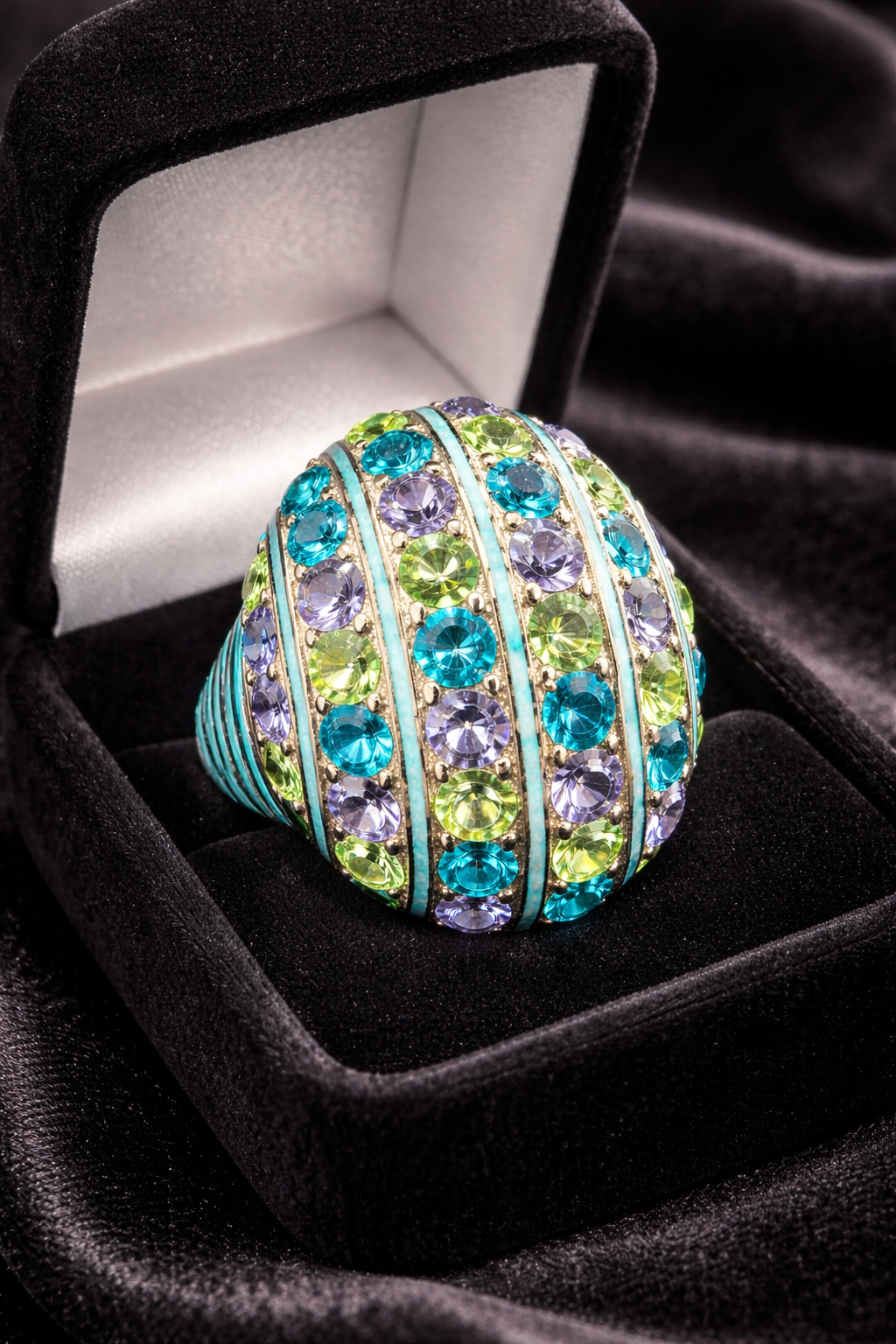 Akkad Gold Tone Multicolor Crystal Dome Ring Turquoise Stripe Statement Ring Bold Cocktail Ring