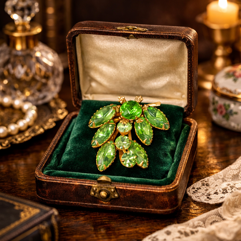 1950s–1960s Gold Tone Uranium Glass Dragonfly Brooch UV Reactive Green Marquise Rhinestone Pin