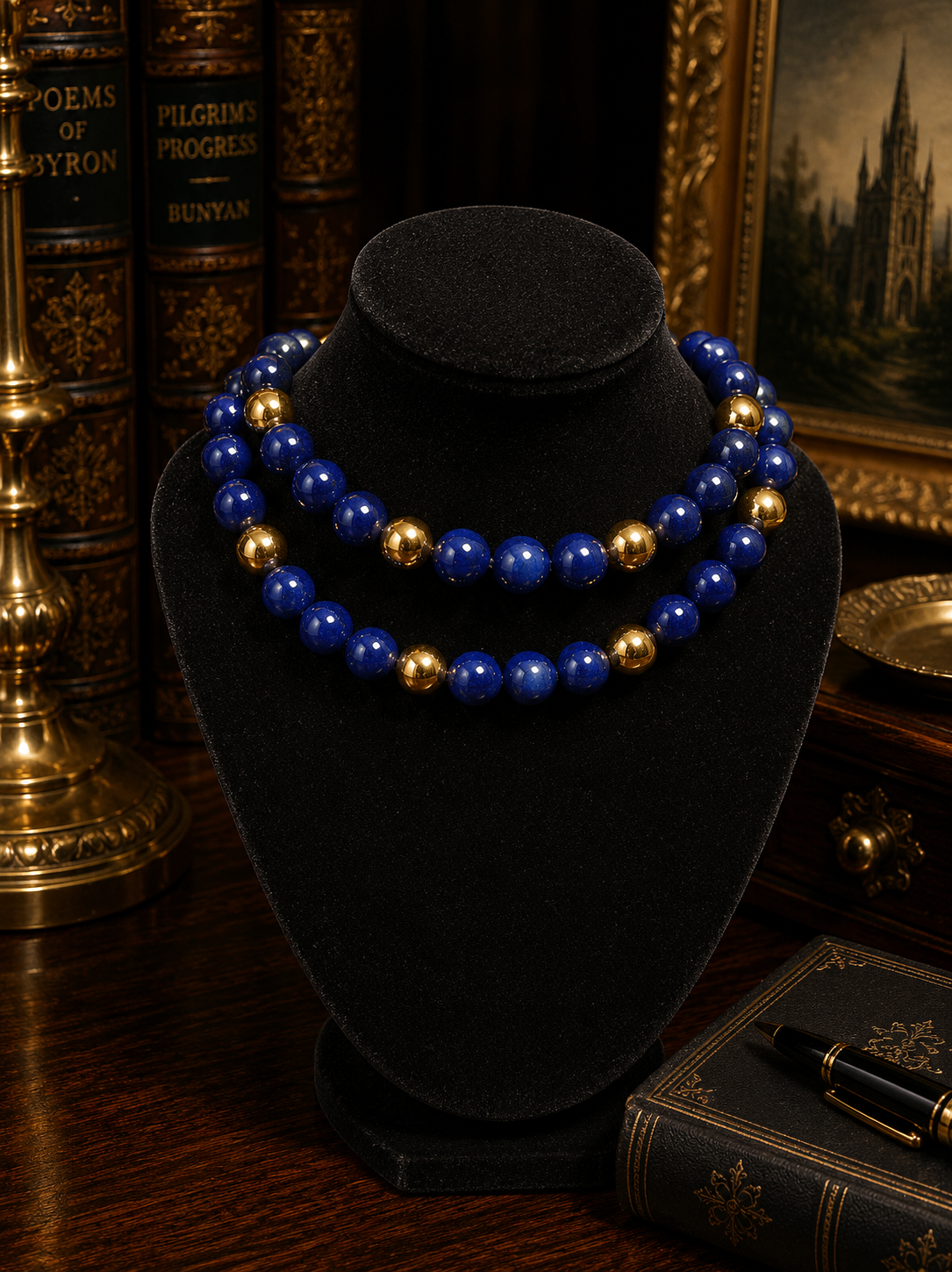(SOLD) Lapis Blue and Gold Tone Bead Double Strand Necklace