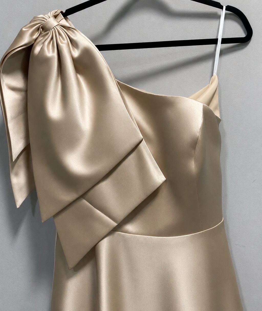 RS Champagne One-Shoulder Formal Gown Size 14 NWT | Satin Bow Evening Dress