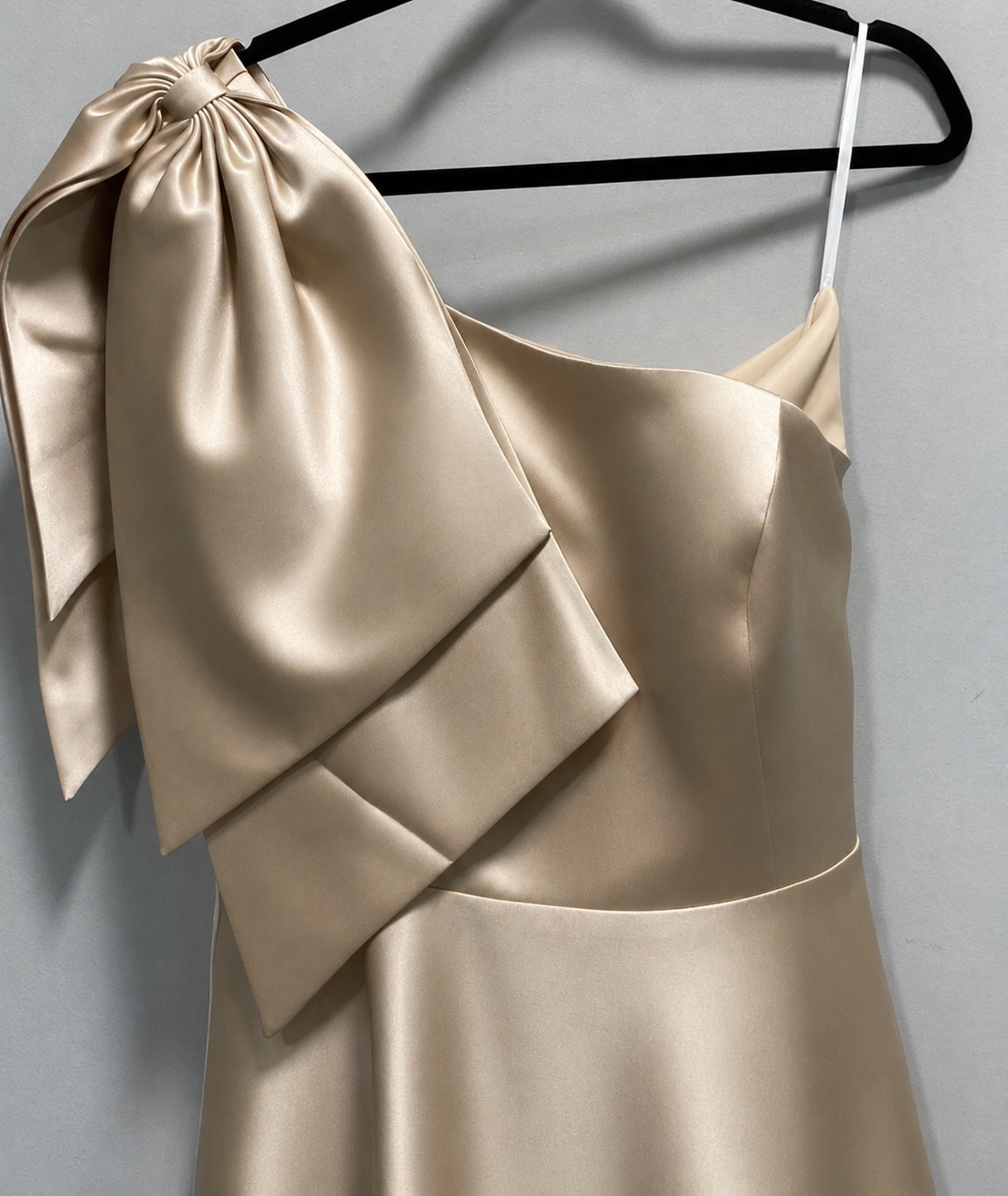 RS Champagne One-Shoulder Formal Gown Size 14 NWT | Satin Bow Evening Dress