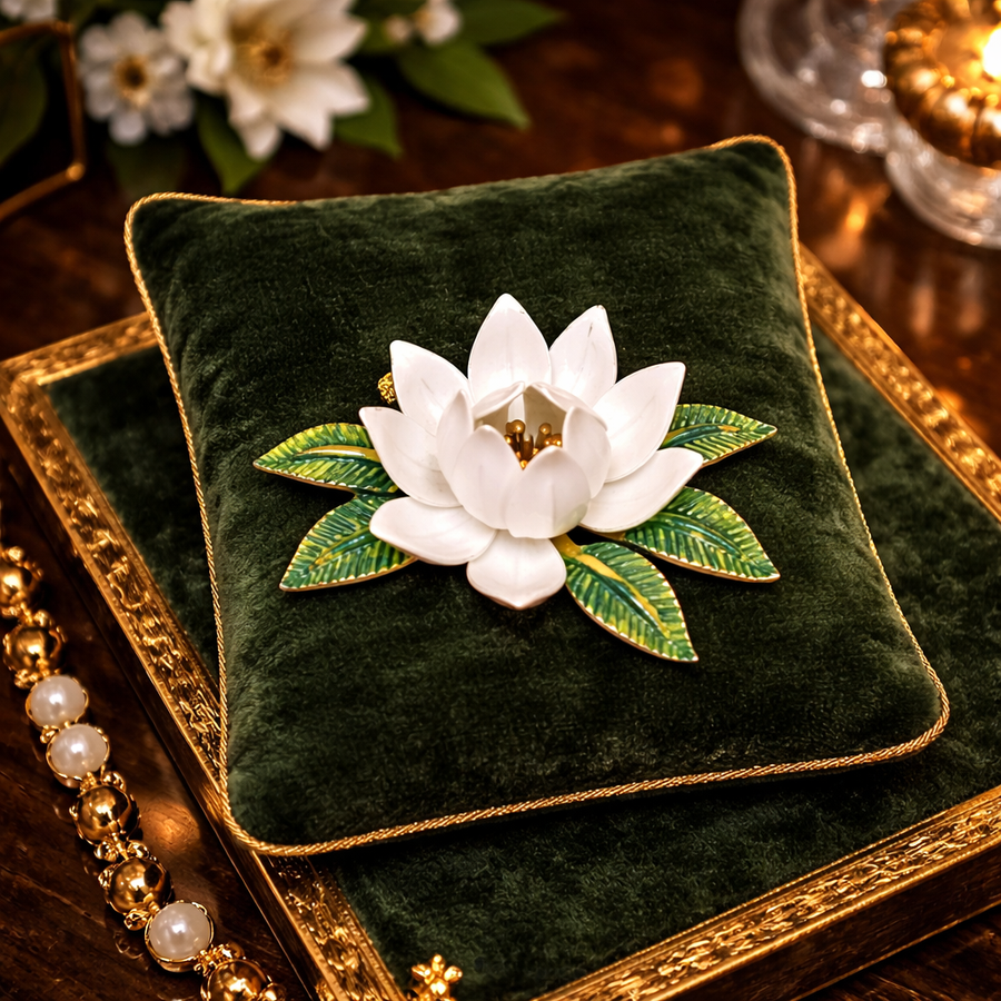 Crown Trifari white enamel lotus flower brooch with gold-tone leaves