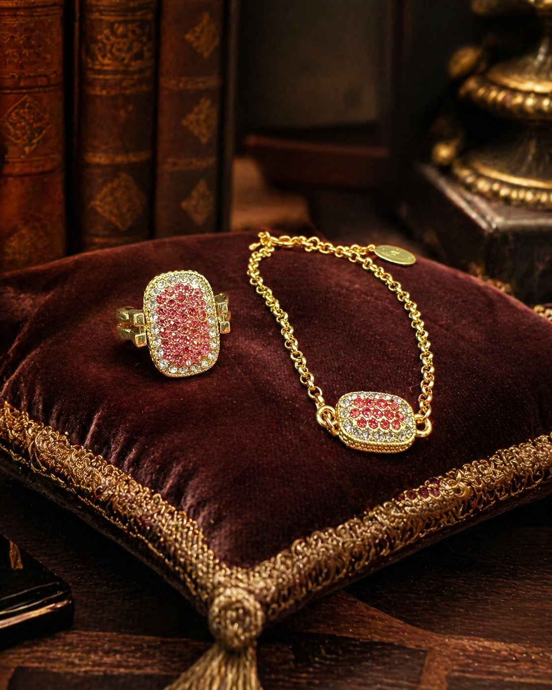 Heidi Daus Reversible Crystal Ring & Bracelet Set Red Pink Pave Statement Designer Jewelry