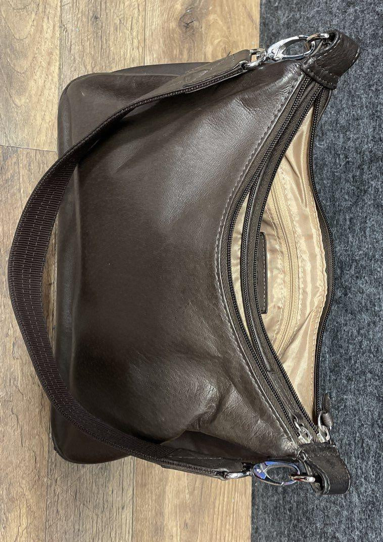 Brown leather concealed carry shoulder crossbody bag with multiple zip compartments, view 6