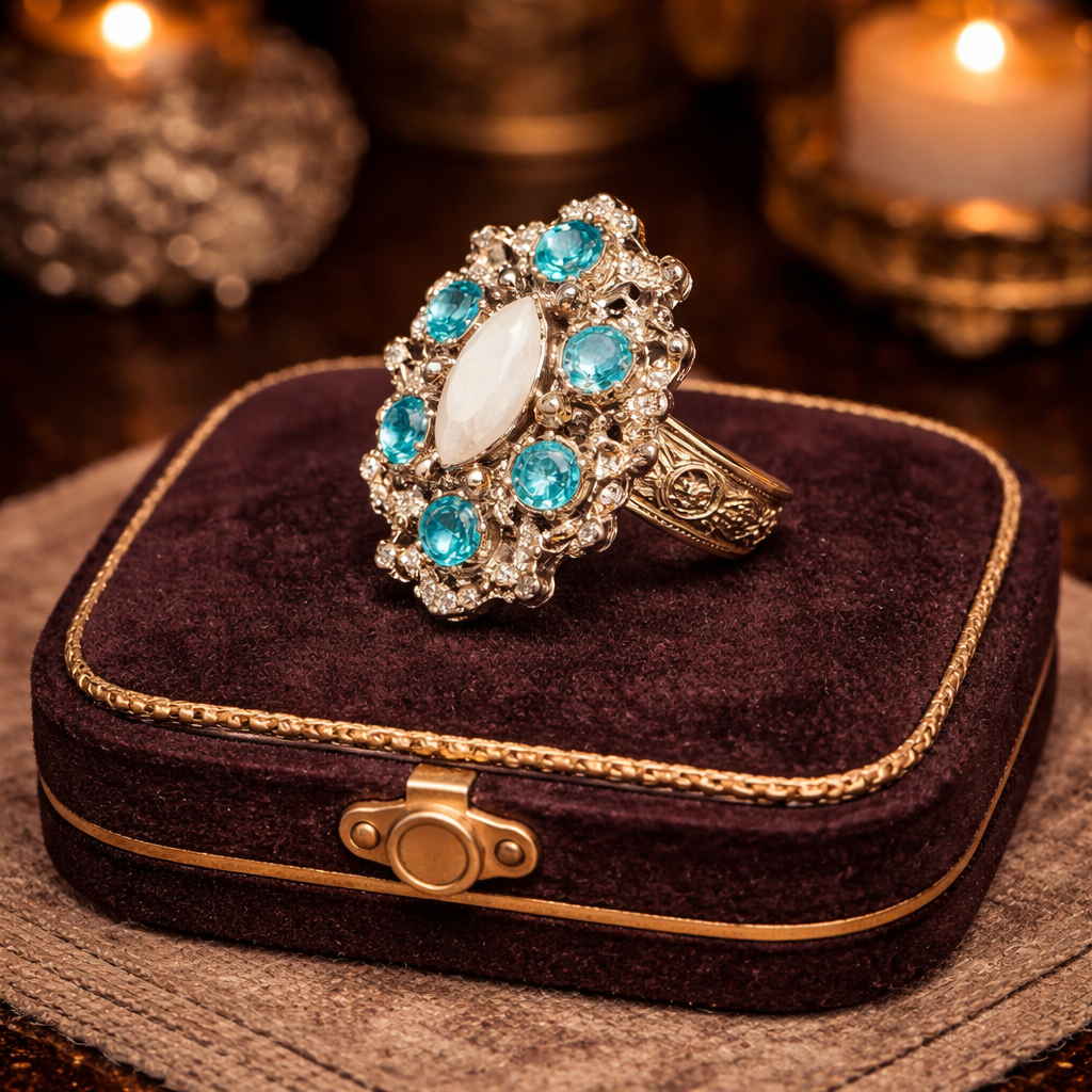 Vintage Style Turquoise Blue Crystal Cluster Ring with Oval White Center Stone | Silver Tone Filigree Statement Ring