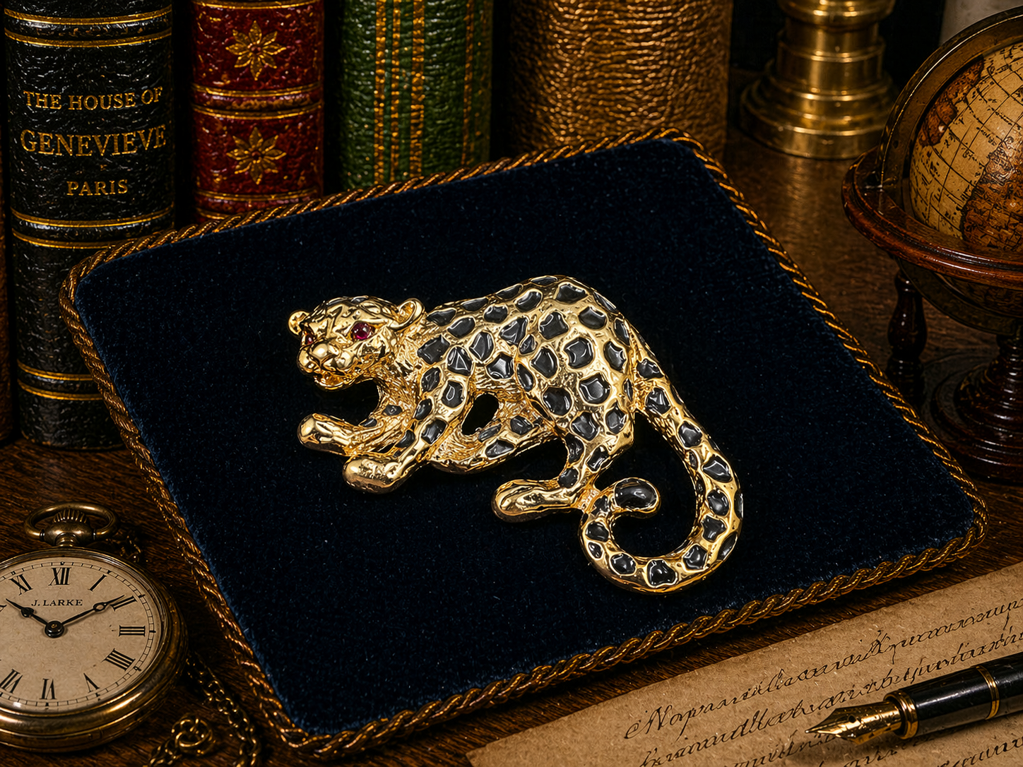 Gold tone leopard brooch with black enamel spots and red eye accent