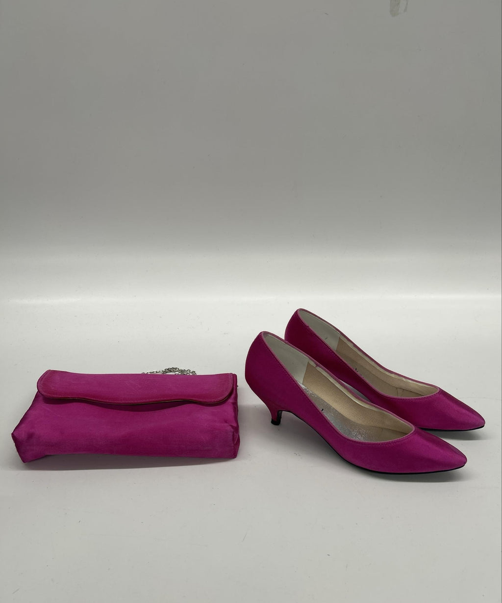 Peacocks Fuchsia Satin Heels & Matching Evening Clutch – Size 7B