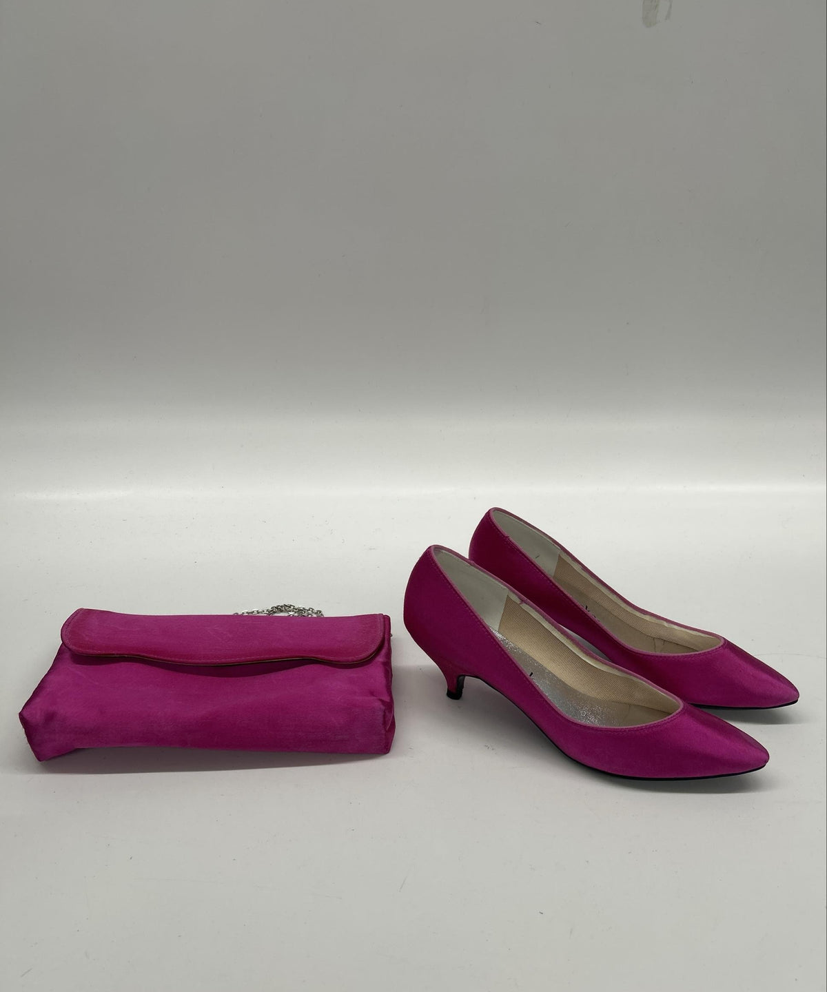 Fuchsia satin pointed-toe heels with matching envelope clutch, view 5