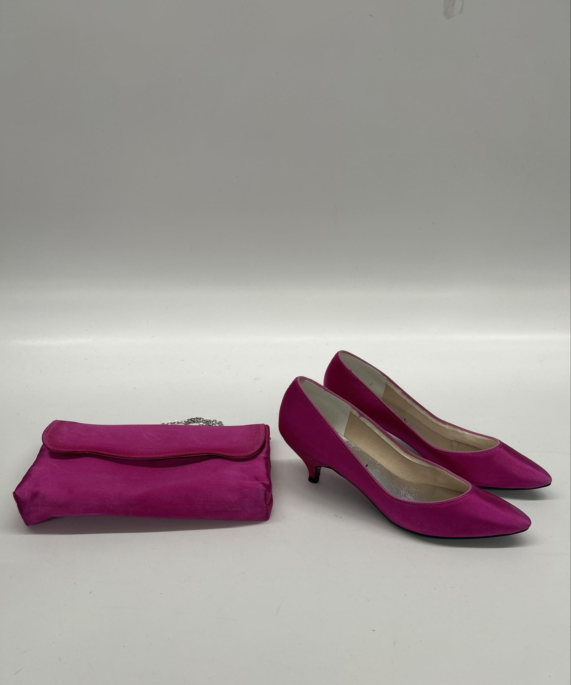 Peacocks Fuchsia Satin Heels & Matching Evening Clutch – Size 7B