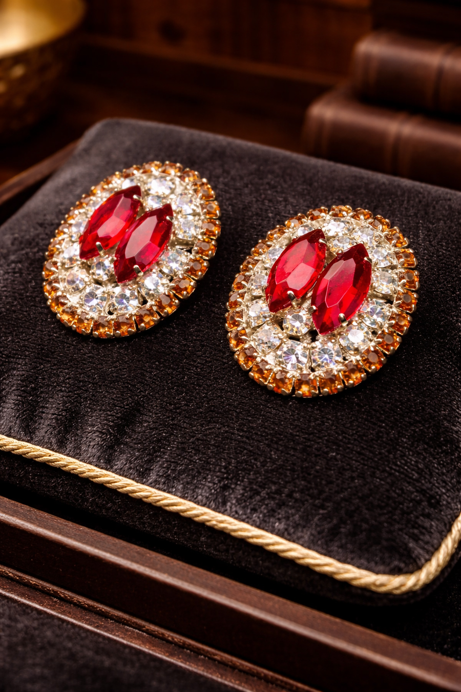 Gold-tone oval cluster clip earrings with red marquise crystals and aurora borealis rhinestone halo