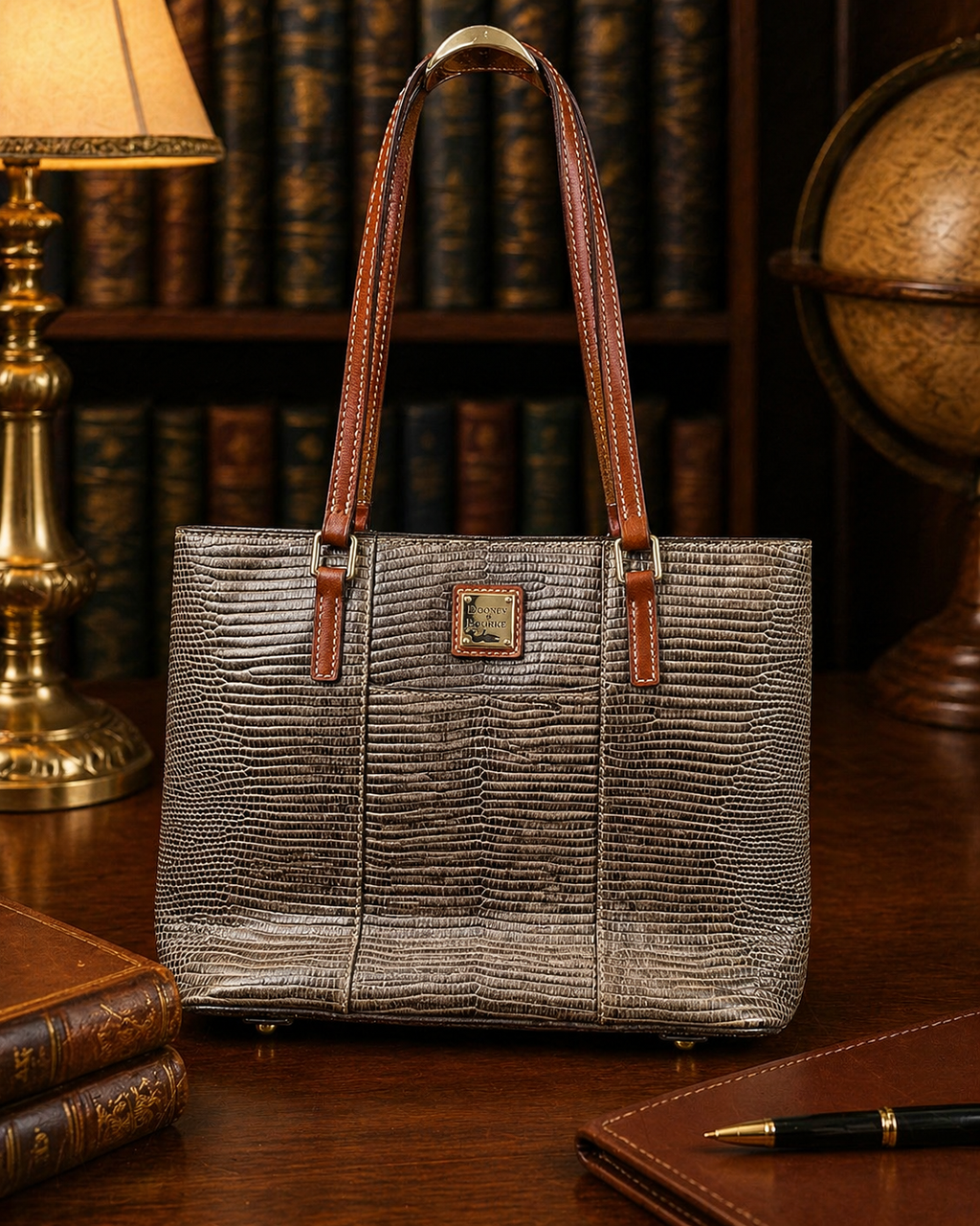 Dooney & Bourke Lizard Embossed Leather Tote, Grey Structured Shoulder Bag
