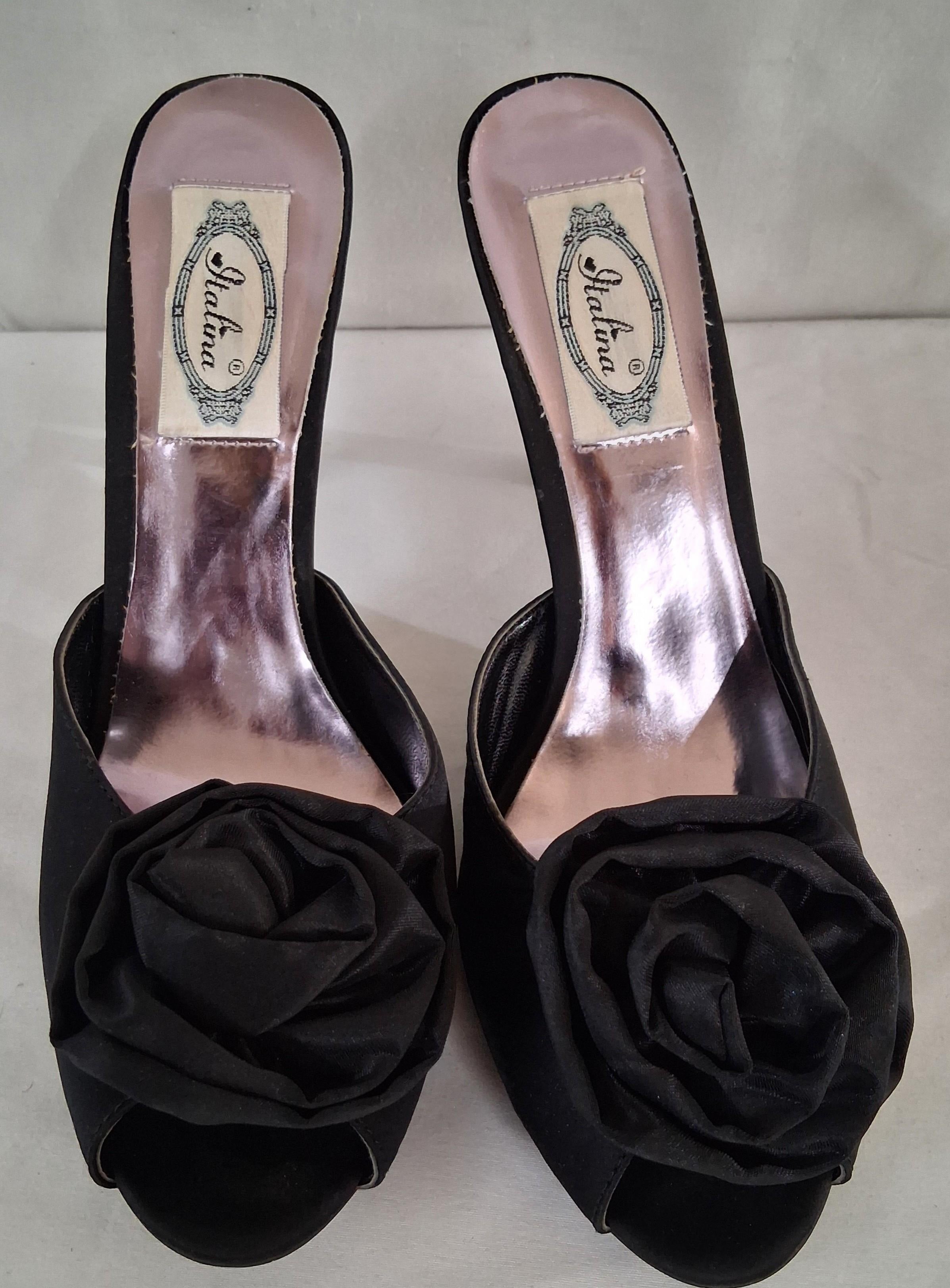 Italina Black Satin Open-Toe High Heels with Floral Accent Size 8