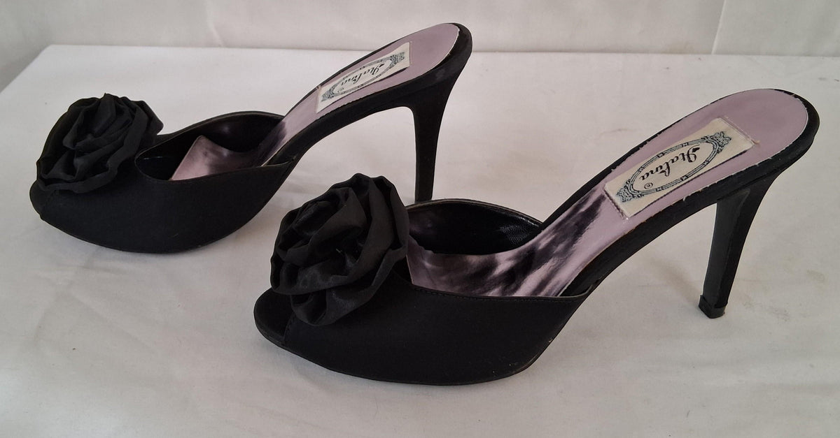 Italina black satin open-toe stiletto heels with floral rosette accents, view 4