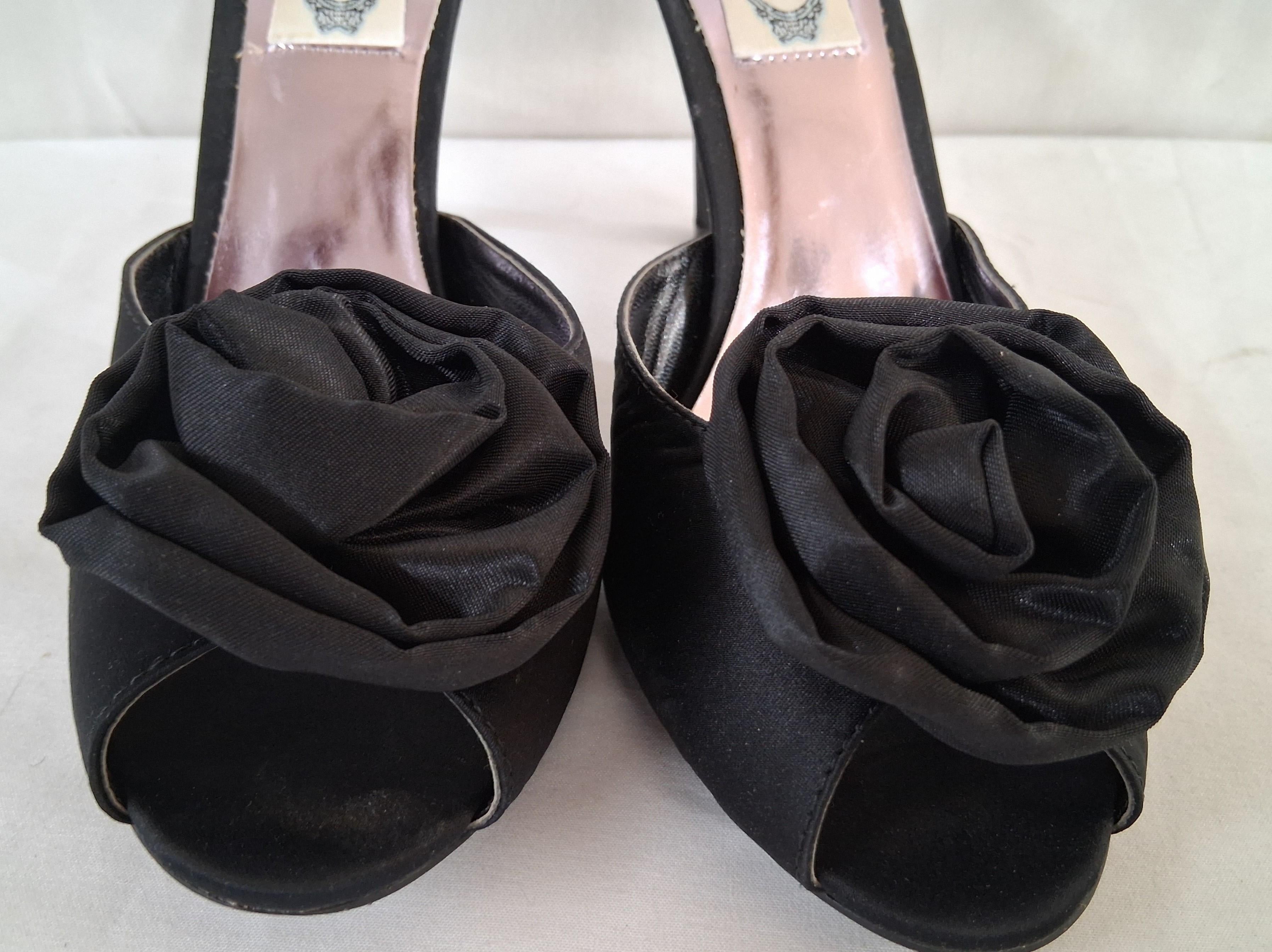 Italina Black Satin Open-Toe High Heels with Floral Accent Size 8
