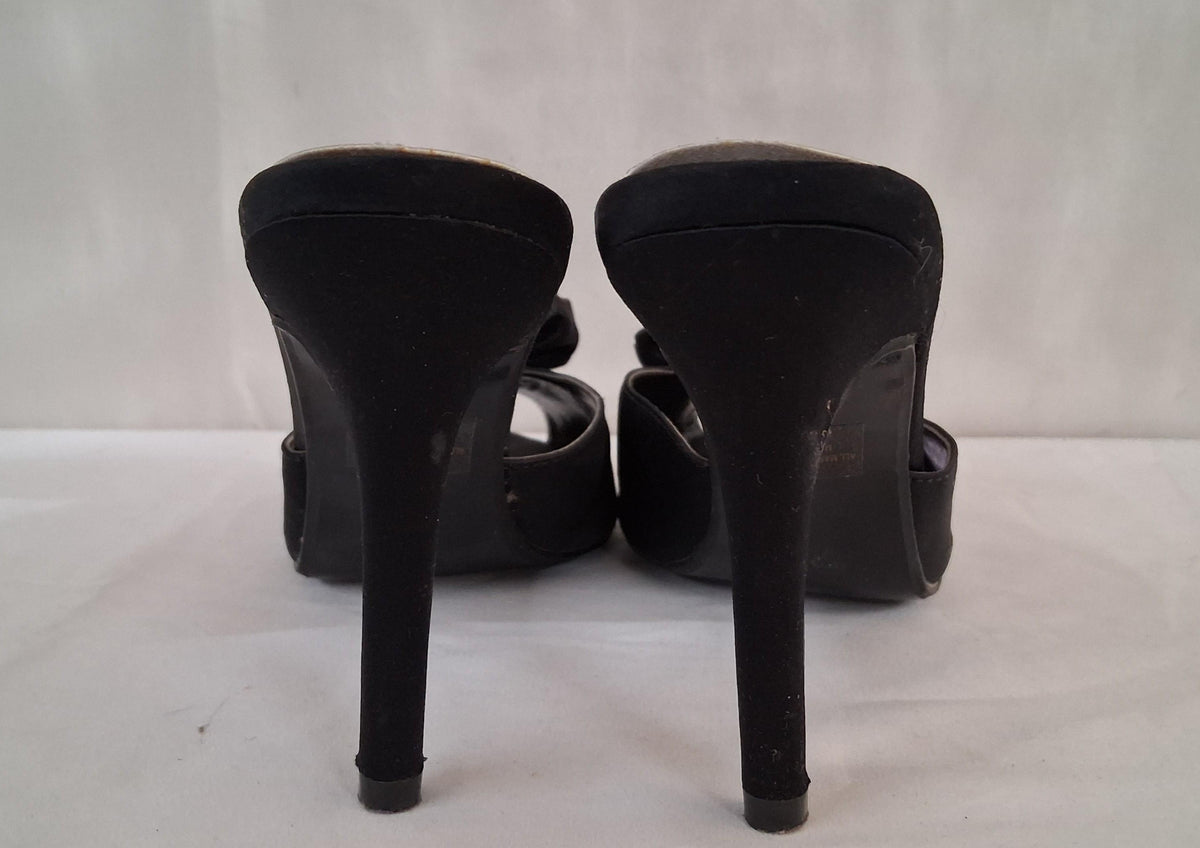 Italina black satin open-toe stiletto heels with floral rosette accents, view 6