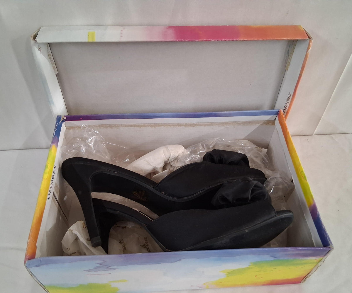 Italina black satin open-toe stiletto heels with floral rosette accents, view 7