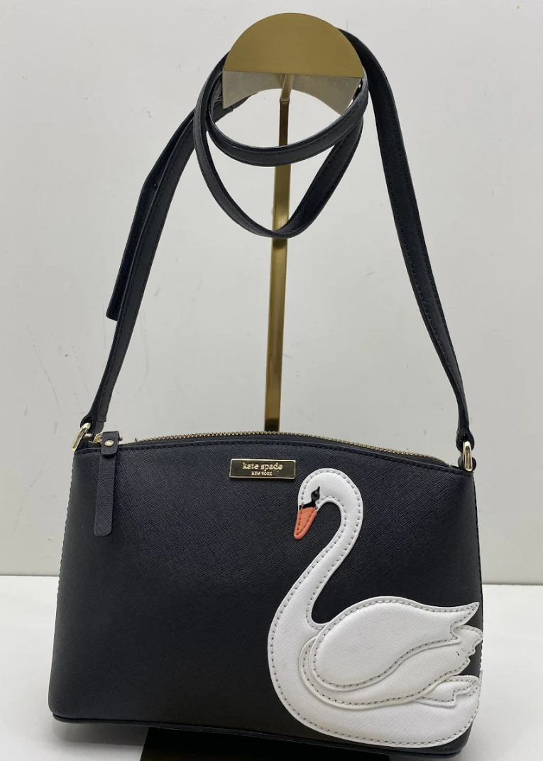 Black structured crossbody bag with white swan appliqué and gold-tone accents, view 2