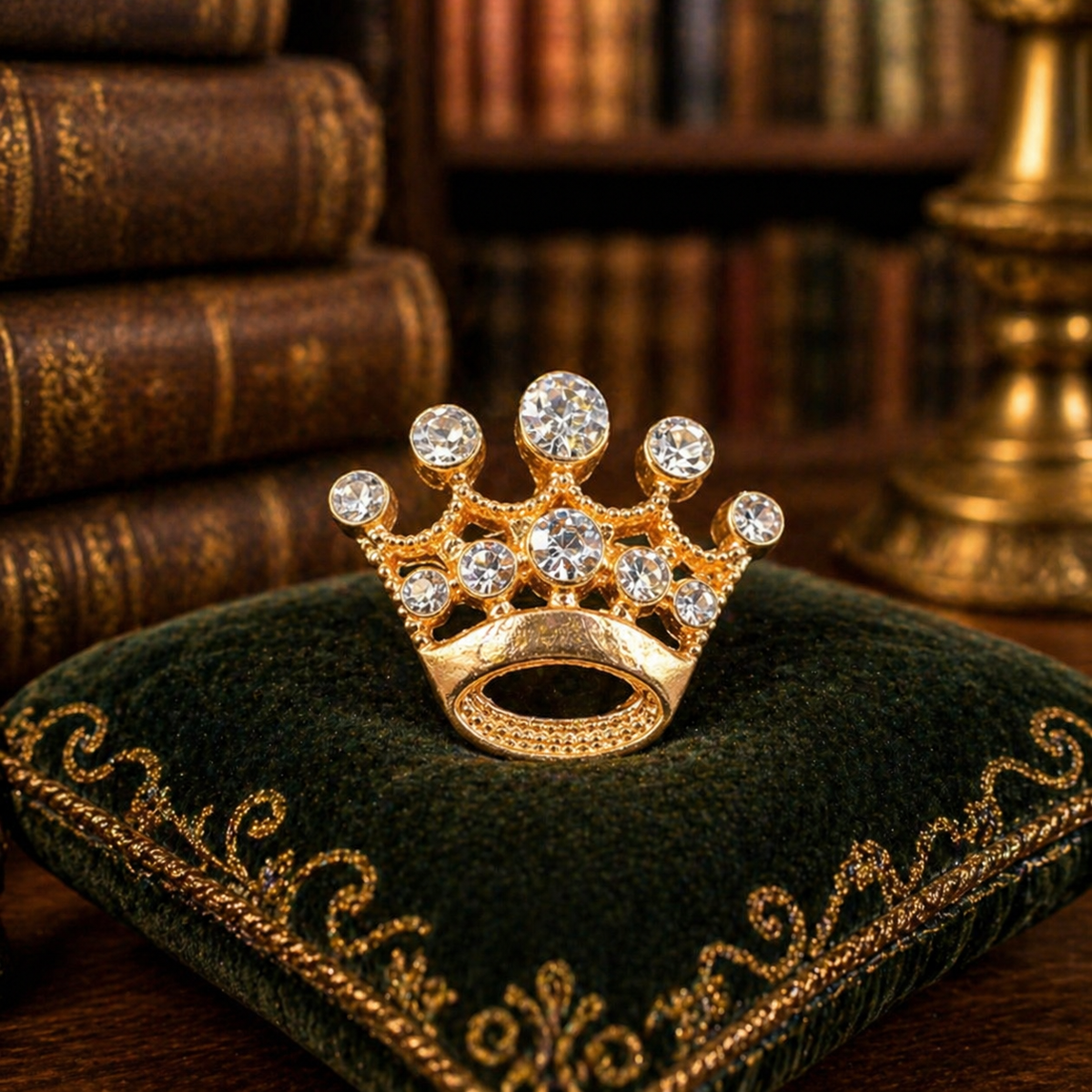 Gold-tone crown brooch set with clear round crystals