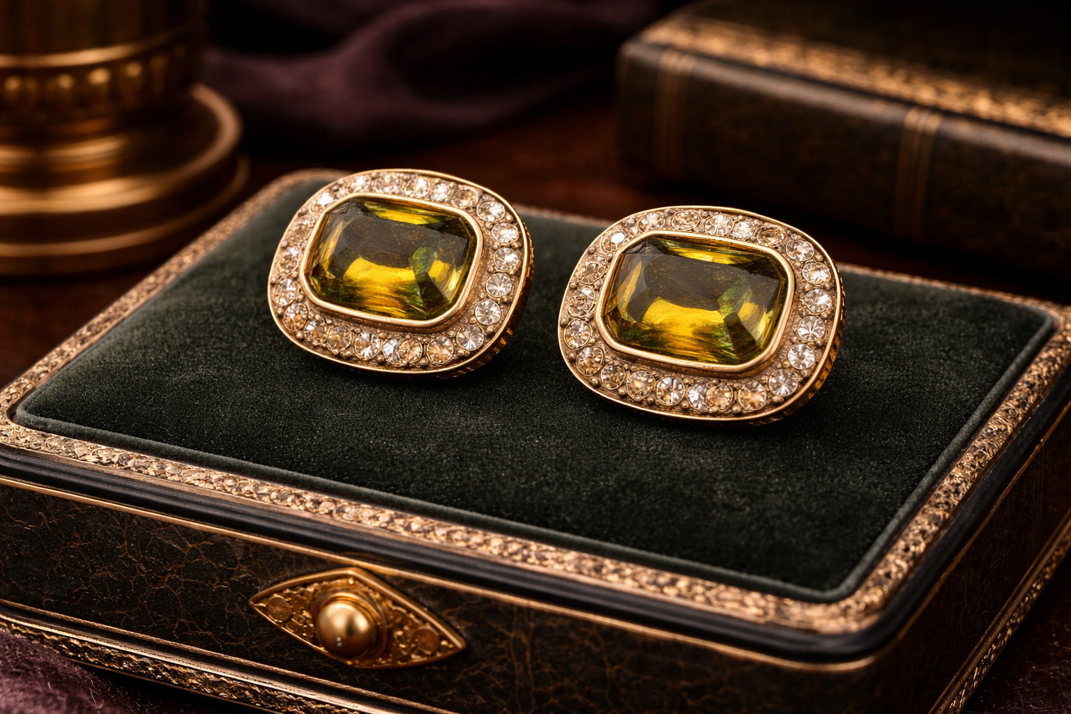 Heidi Daus Green Crystal Clip Earrings Gold Tone Rhinestone Halo Statement Designer Cushion Cut