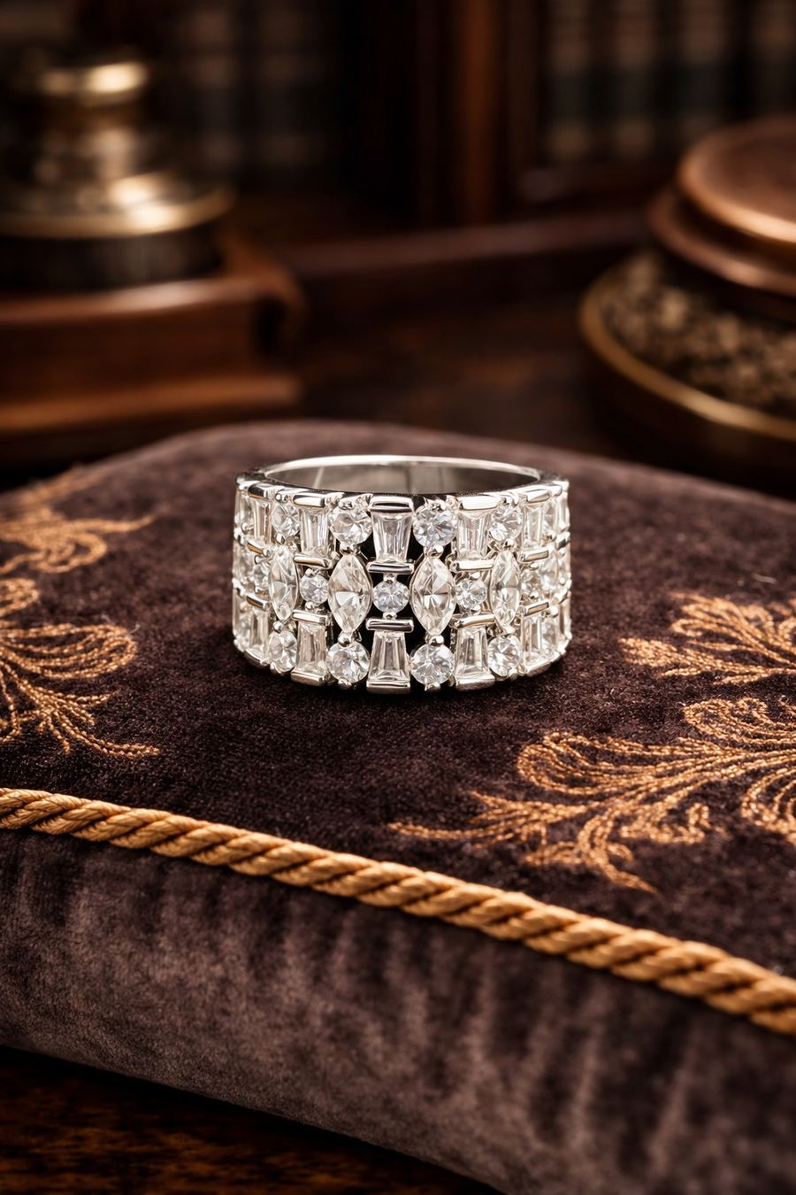 Silver-tone wide band ring with rows of clear baguette, marquise and round crystals