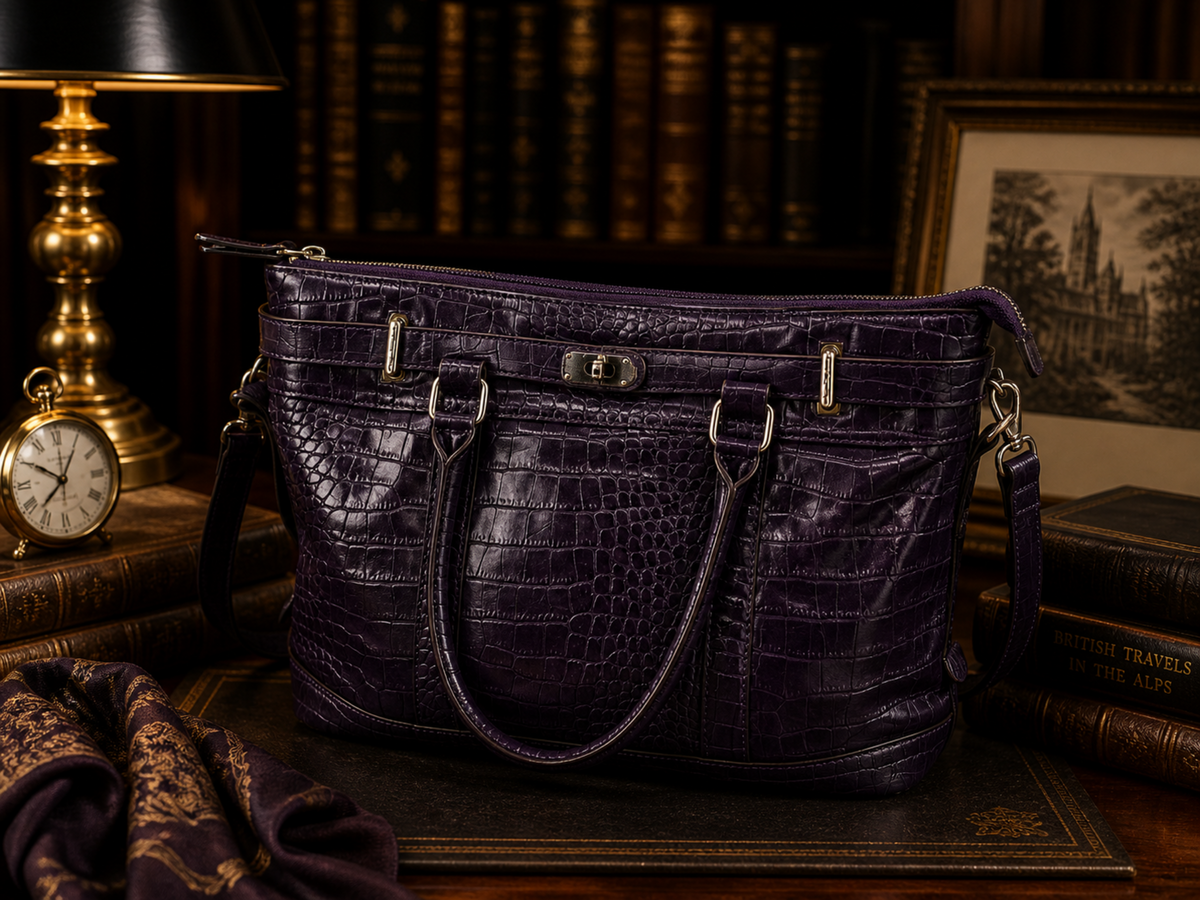 Bueno deep purple croc embossed tote with rolled handles and shoulder strap