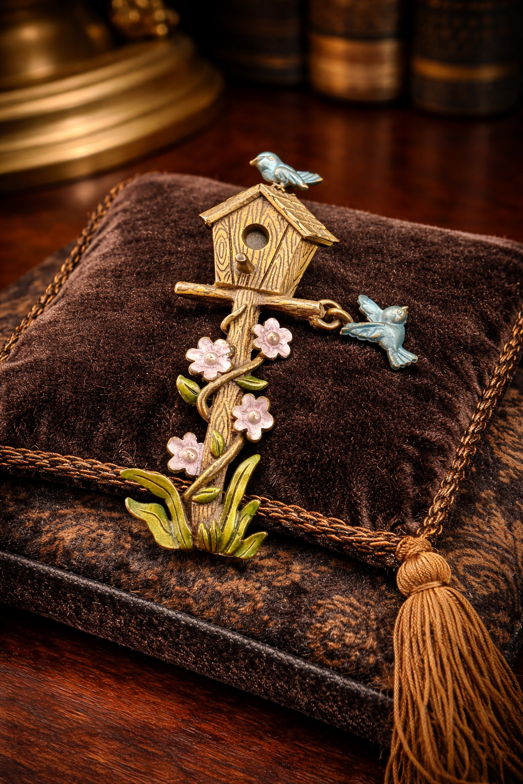 Gold-tone birdhouse brooch with two blue birds, enamel flowers and green leaves