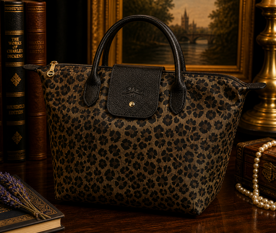 Chico's leopard print foldable tote with black trim and rolled handles