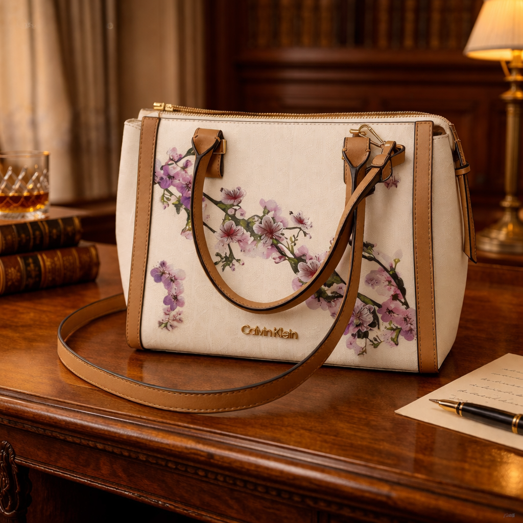 Calvin Klein Beige Floral Print Satchel Crossbody Bag Logo Canvas Tan Trim