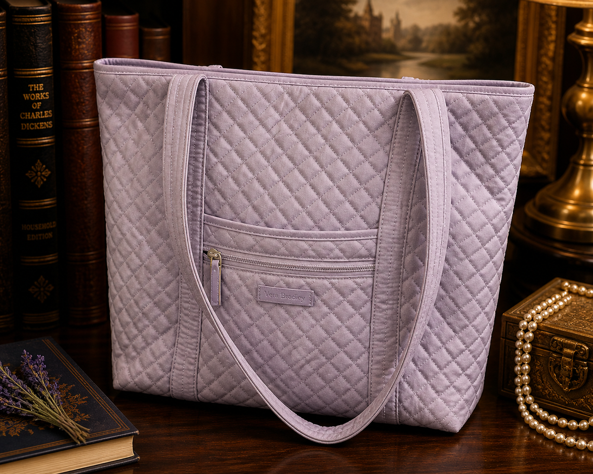 Vera Bradley pale lavender quilted tote with ladybug print interior