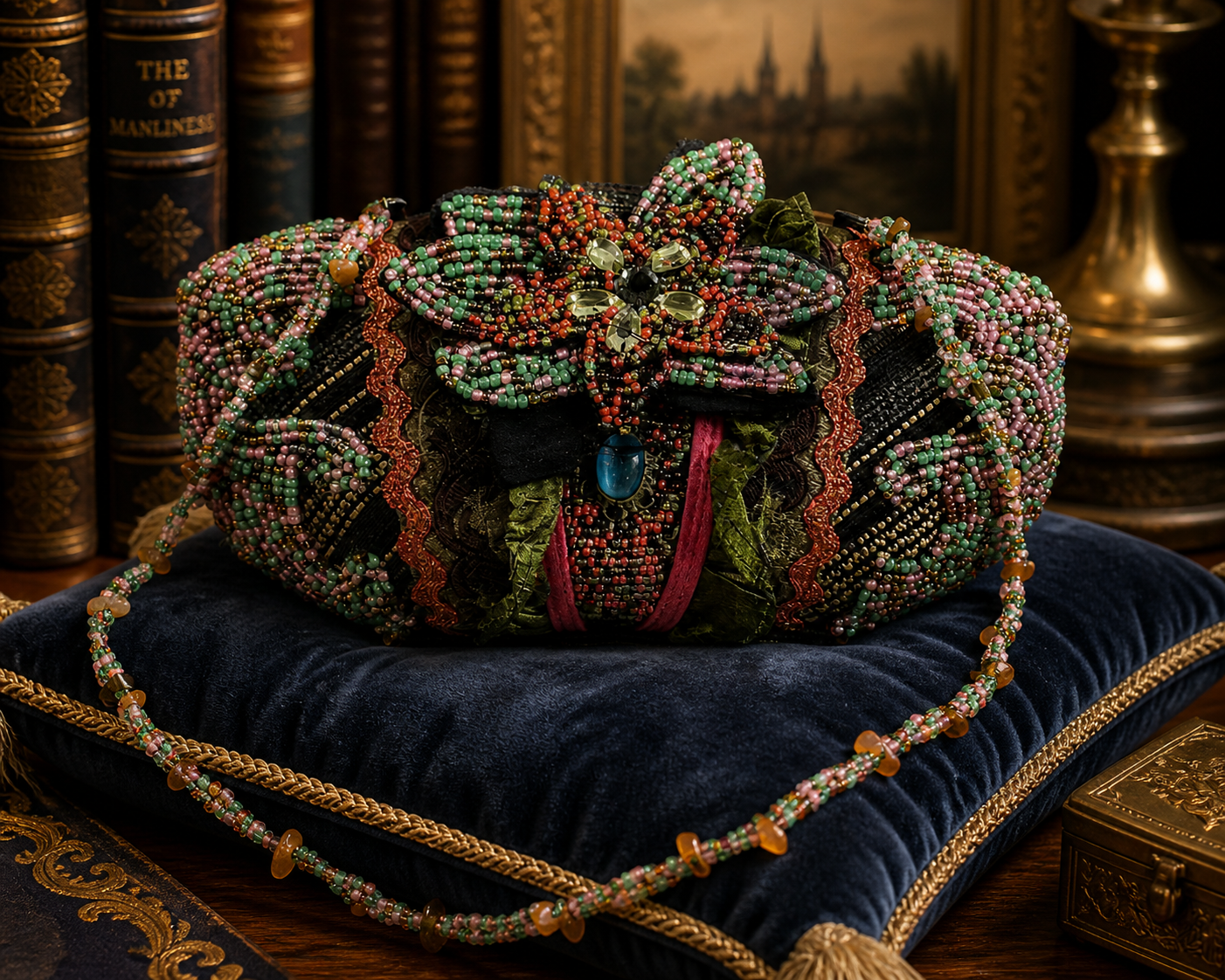 Mary Frances Floral Beaded Clutch Bag with Oval Stone Detail and Chain Strap